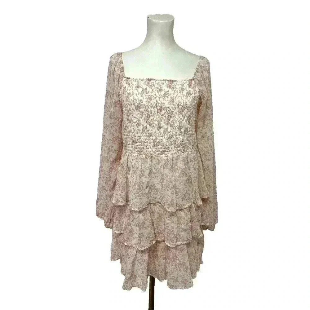Madden NYC Floral Ruffled Dress Size XL Tiered Square Neck Sheer Long Sleeve